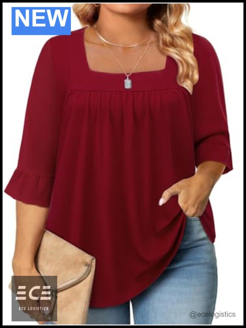 Plus Size Tunic Top 3/4 Ruffle Sleeve Square Neck Loose Fit Blouse